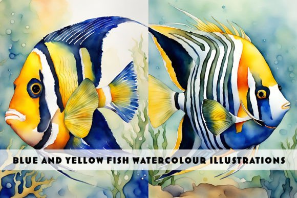 Blue and Yellow Fish Watercolour Duo: Vibrant Digital Art